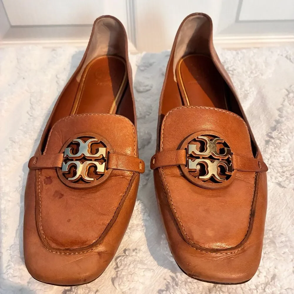 Tory Burch Miller Leather Loafers Cognac Brown Metal Logo Size 6.5